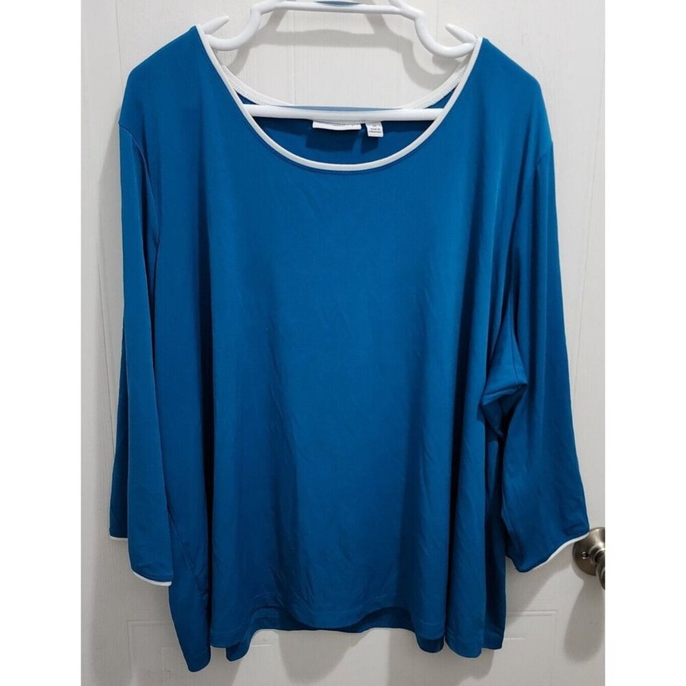 Susan Graver Women's 3/4 Sleeve Scoop Neck Liquid Knit Blouse Top Blue/White 3X
